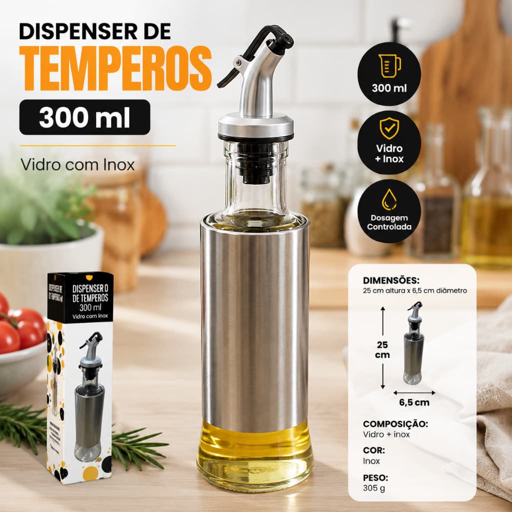 Dispenser Galheteiro Porta Azeite Óleo Vinagre 300ml Vidro com Inox Bico Dosador para Temperos