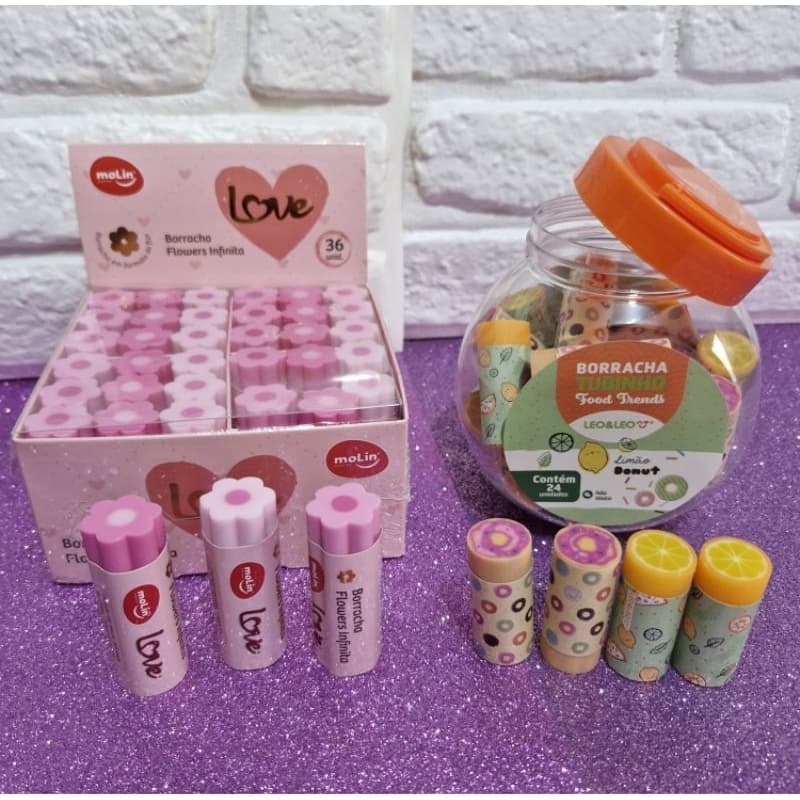 Kit 2 unidades borracha infinita Love Molin tubinho Food Trends Leo&Leo fruta limão donuts flor papelaria fofa kawaii