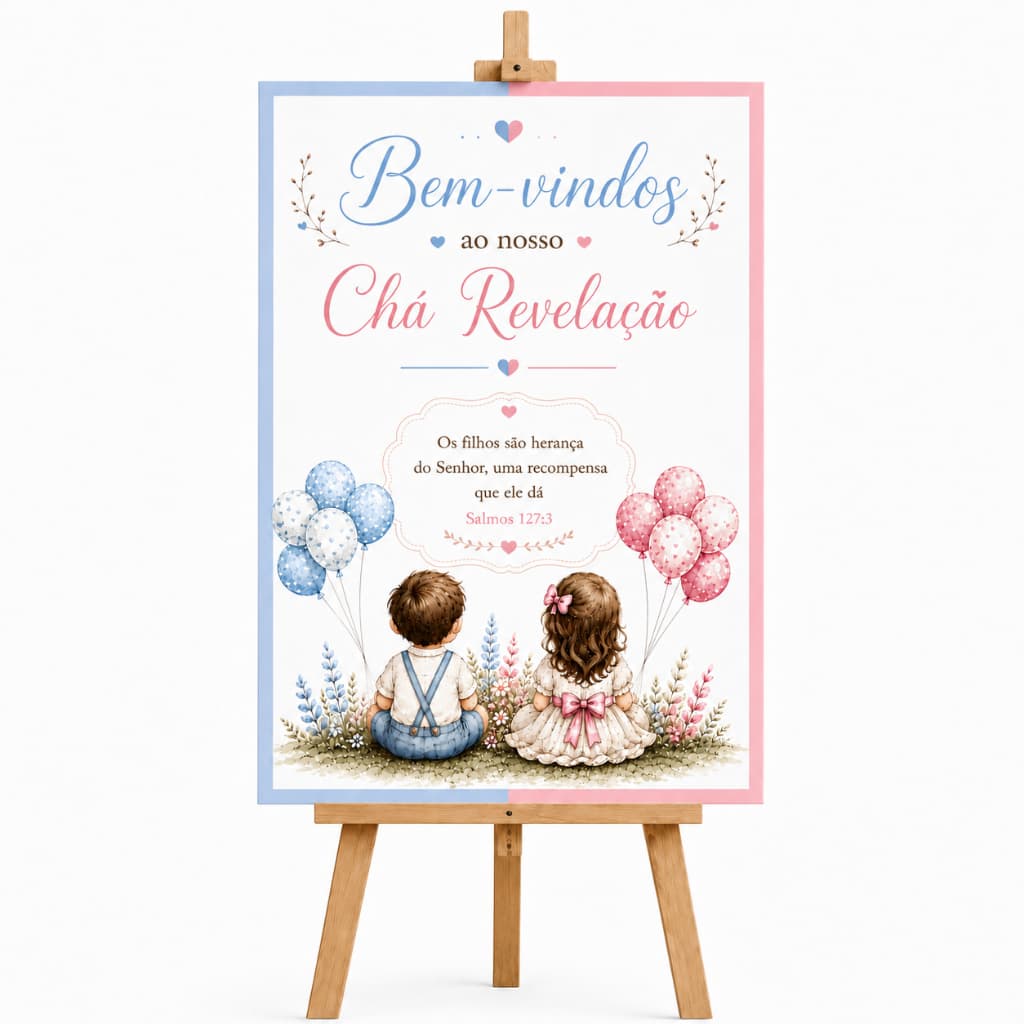 Placa Decorativa Recepção Festa Chá Revelação Menino Menina Urso Árvore Digitais Decoração