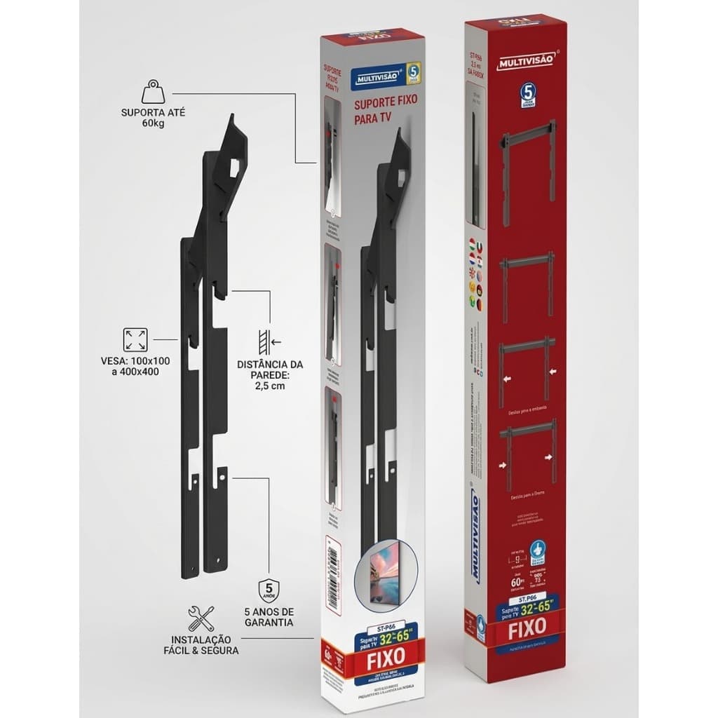 Suporte Fixo para TV TV 32” a 65” Ultra Slim – Para Parede e Painel | Compatível com todos Modelos de TV