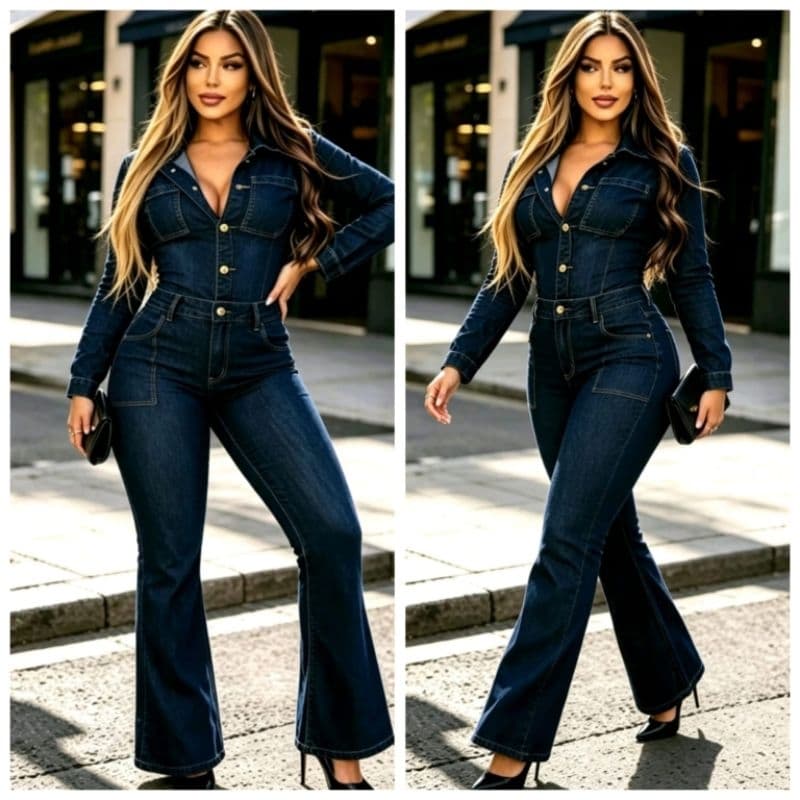 Macacão Flare Manga Longa Jeans Feminino Casual Elgante