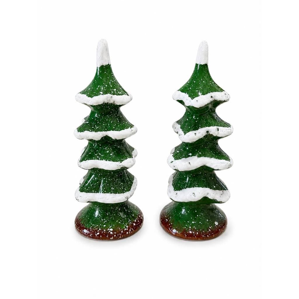 Árvores Natalinas Decorativas em Cerâmica Esmaltada Kit com 2 Peças Pintadas à mão