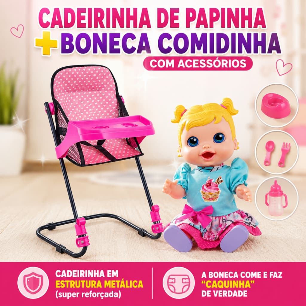 Kit Boneca Comidinha Com Acessórios + Cadeirinha Para Papinha Metal Dobrável