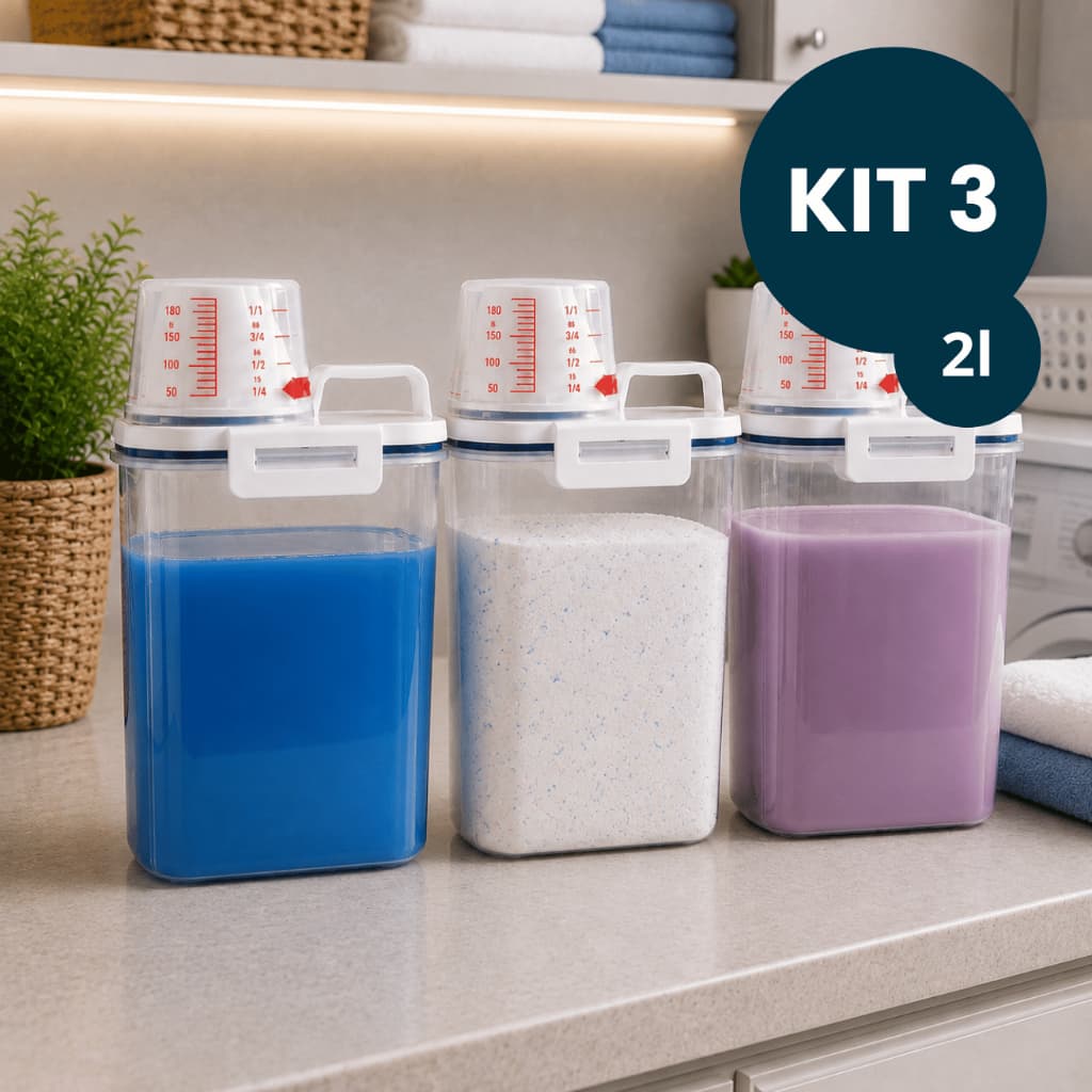 Kit 3 Potes Herméticos 2L Para Lavanderia Com Vedação e Copo Medidor P/ Sabão em Pó Amaciante.