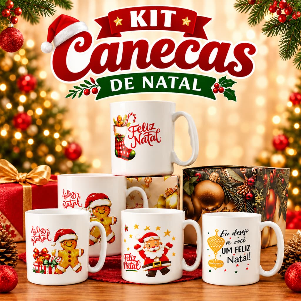 Kit Canecas Plásticas com Cabo 450ml Natal Estampas Sortidas Presente Comemoração Festa