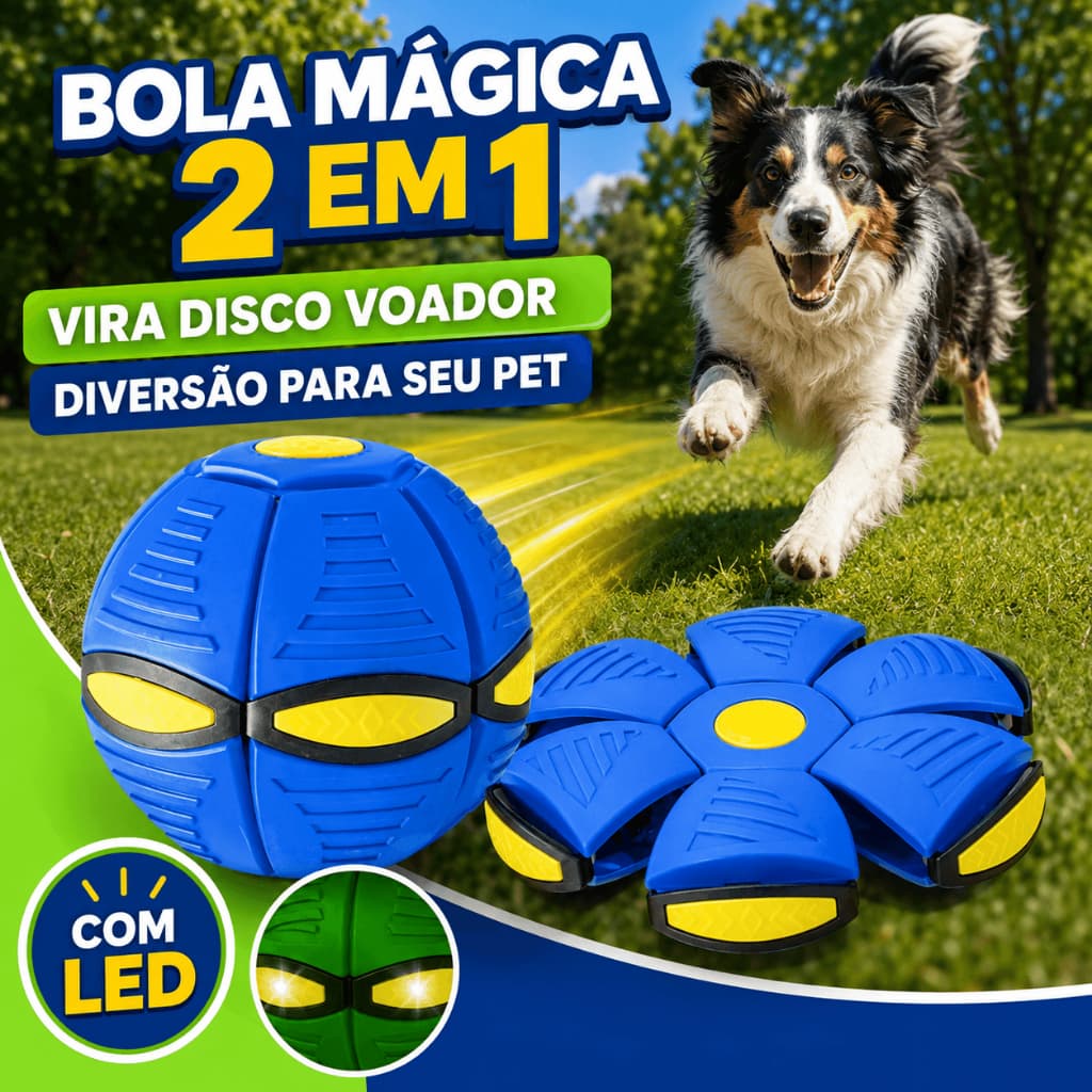 Bola Mágica para Cachorro 2 em 1 Vira Disco Voador com LED Brinquedo Interativo Pet Azul ou Verde