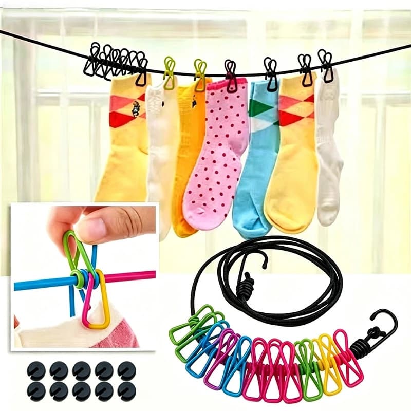 Kit10 Varal Elástico Portátil Secagem De Roupa Com 12 Grampos Multifuncional