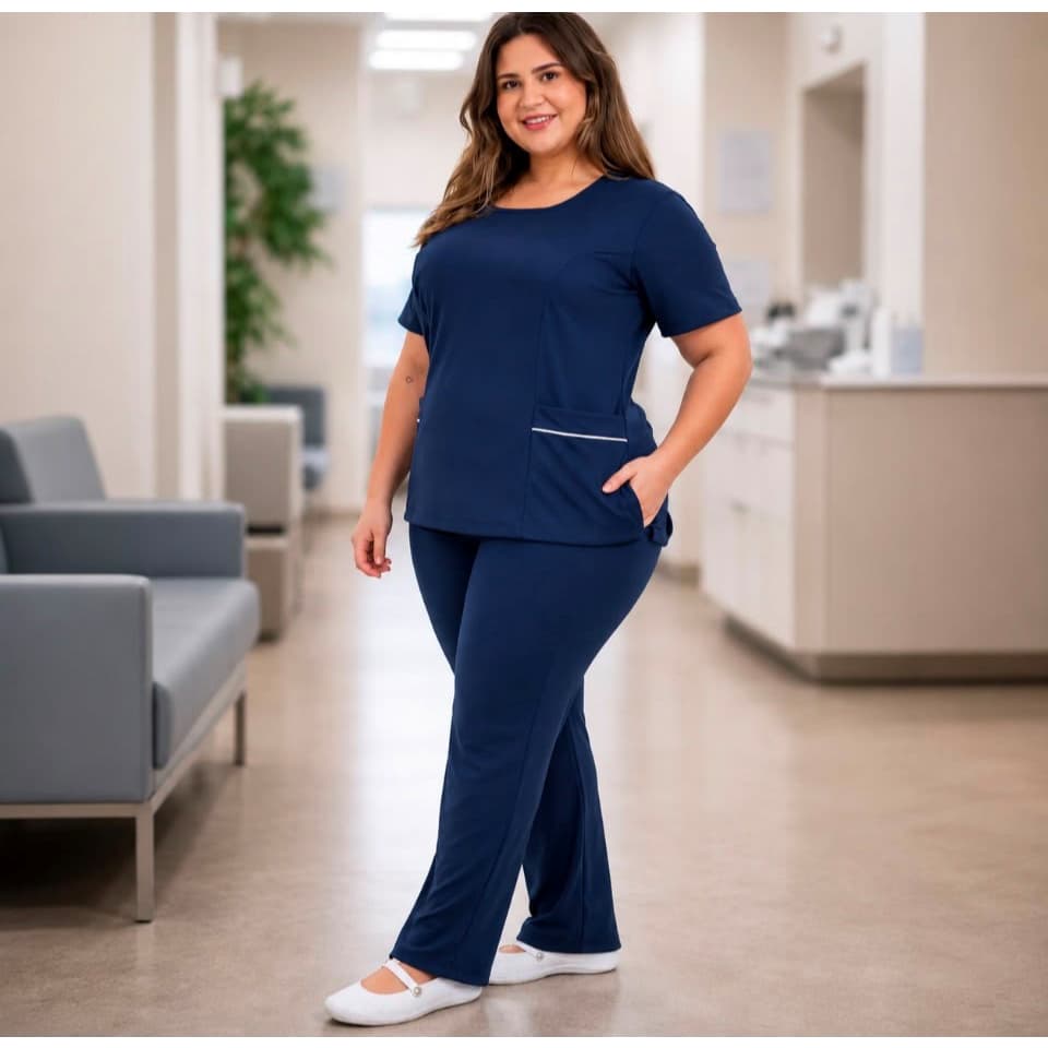 Conjunto Uniforme Plus Size Calça e Jaleco em Helanca Elástico Copeira Faxineira Doméstica Babá