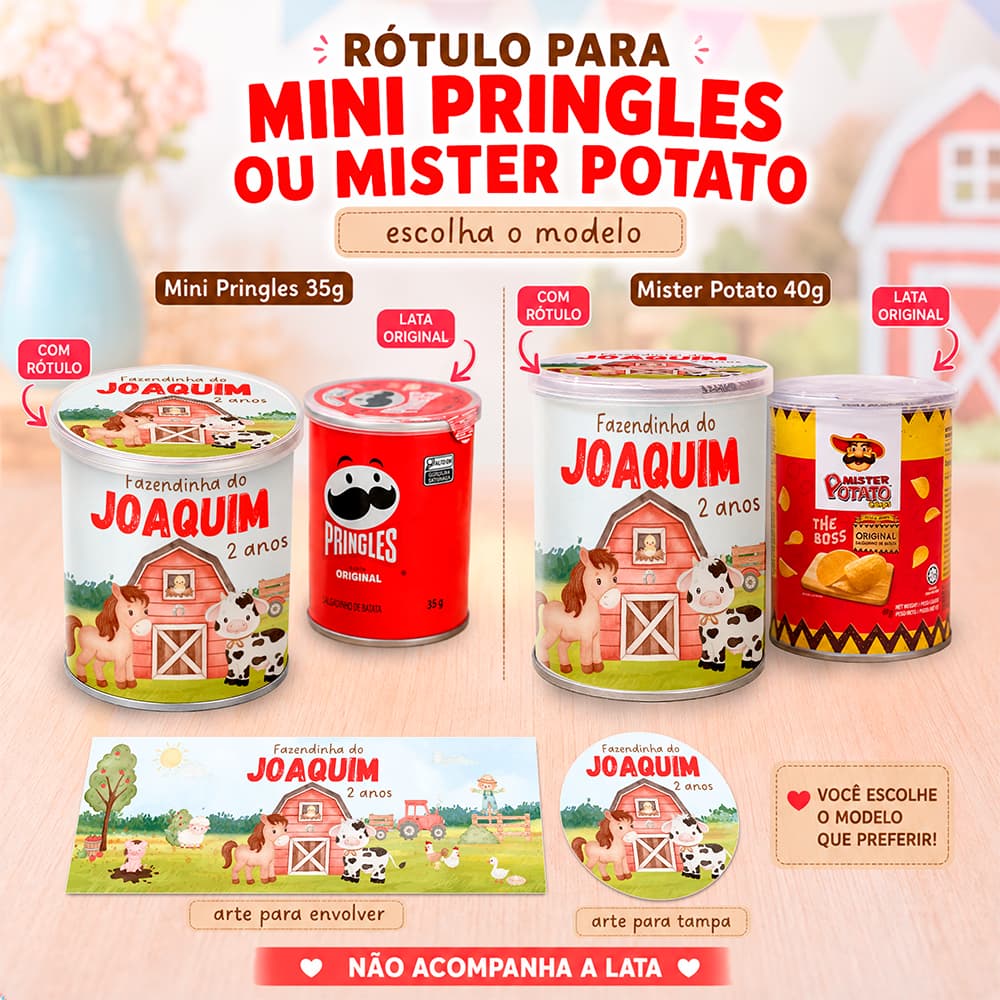 Rótulo Mini Pringles ou Mister Potato Personalizado Fazendinha | FAZEMOS TODOS OS TEMAS | ADESIVO FOTOGRÁFICO