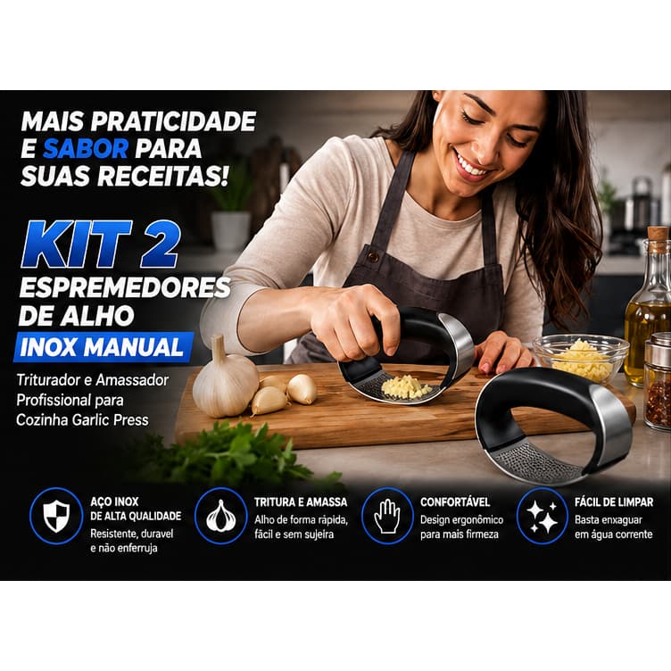 Kit 2 Espremedores de Alho Manual em Aço Inox Triturador Amassador Prensa de Alho para Cozinha