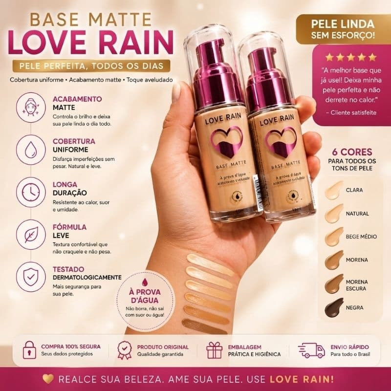Base Matte Love Rain Alta Cobertura Longa Duração À Prova D'água Resistente ao Suor