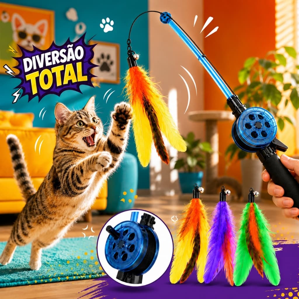 Varinha Retrátil para Gatos Tipo Vara de Pesca com Carretel 3 Refis de Penas Guizo Brinquedo Interativo Pet