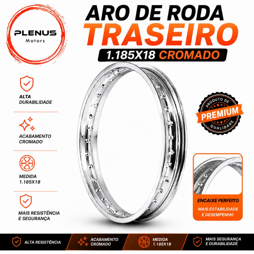Aro Roda Traseiro 18x1.85 Cromado Reforçado CG 125 Titan 125 150 160 Fan Start YBR Factor 125 150 36 Furos