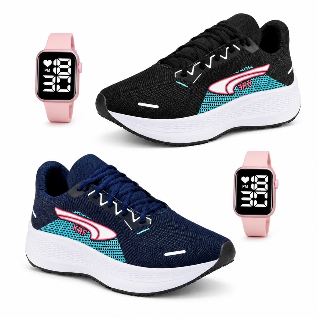 Kit 2 Pares Tênis Feminino Esportivo + 2 Relógios Digitais | Leve, Confortável e Moderno | Academia, Caminhada e Treino