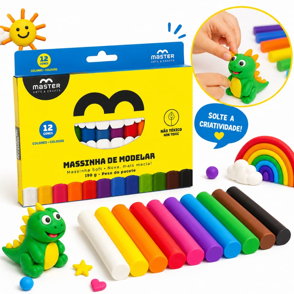 Kit Massa de Modelar Massinha 12 Cores Master Infantil Atóxica Escolar Criativa Festa Presente