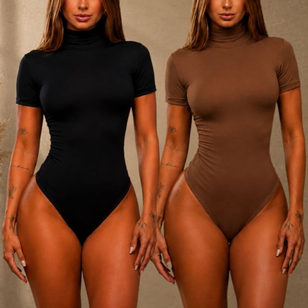 Kit Body Gola Alta Feminino Suplex Premium Manga Curta Moda Blogueira Confortável Tendência Luxo