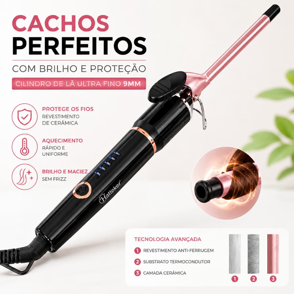 Modelar Cabelos Hatteker Cerâmica Com Fio Esquenta Rápido 9mm Professional Bivolt Original 2 Modelo