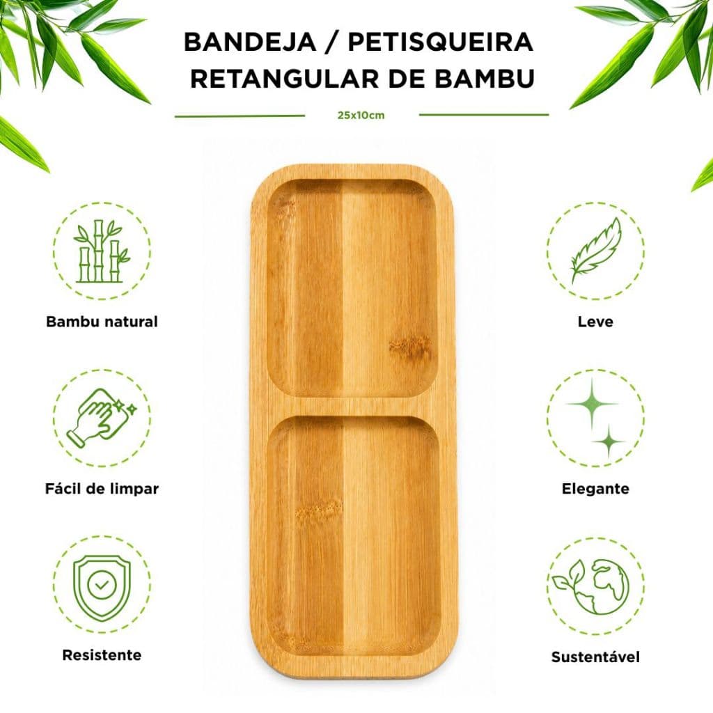 Petisqueira de Bambu Retangular com 2 Divisórias 25x10cm Bandeja Aperitivos