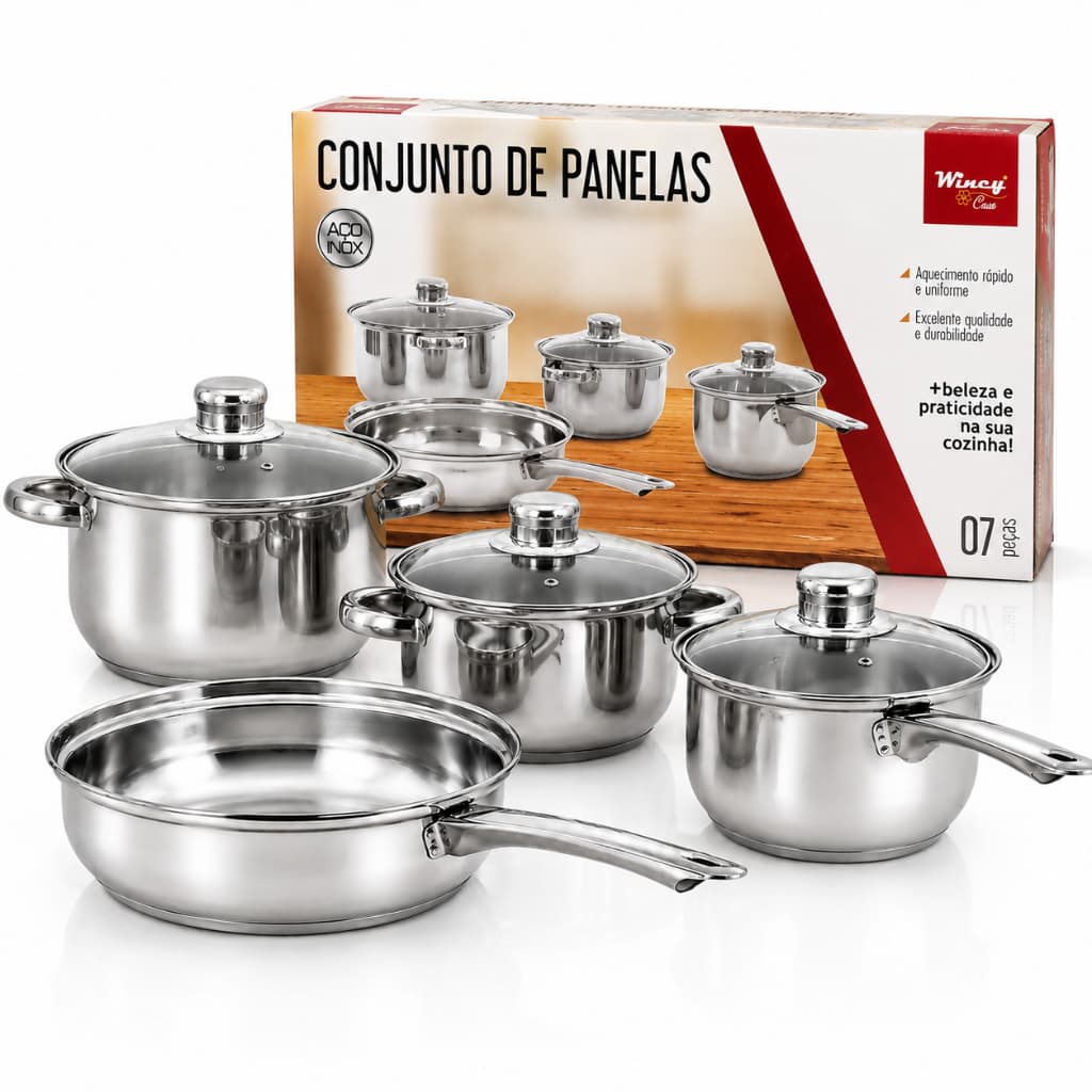 Jogo de Panelas Aço Inox Tampa de Vidro 4 Peças Frigideira e Panelas Wincy