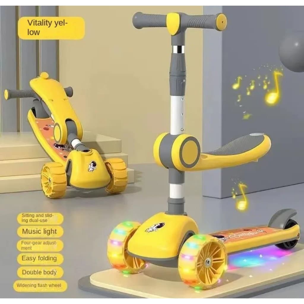 Patinete Scooter Triciclo Infantil Dobrável 3 Em 1 Com Luzes E Som