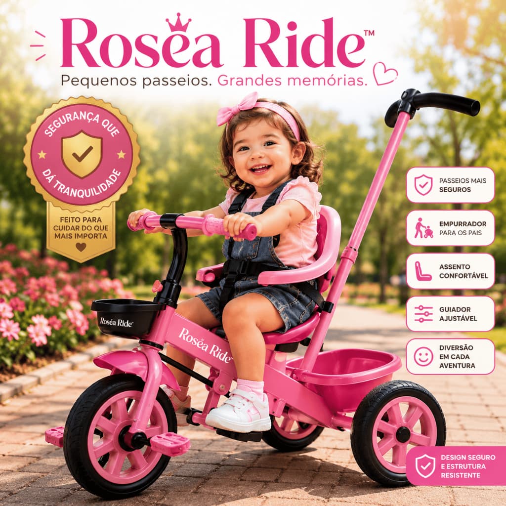 Triciclo Infantil Rosa com Empurrador, Assento Confortável e Guiador Ajustável – Seguro e Divertido