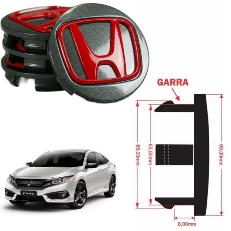Calotinha Calota Centro Honda alto-relevo 3D Grafite vermelho 69,00mm NEW CIVIC CRV HRV ACCORD