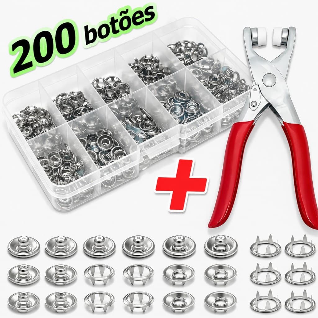 Alicate Aplicador Para Botão De Metal De Pressão Roupa Bebe com 200 botões de roupas