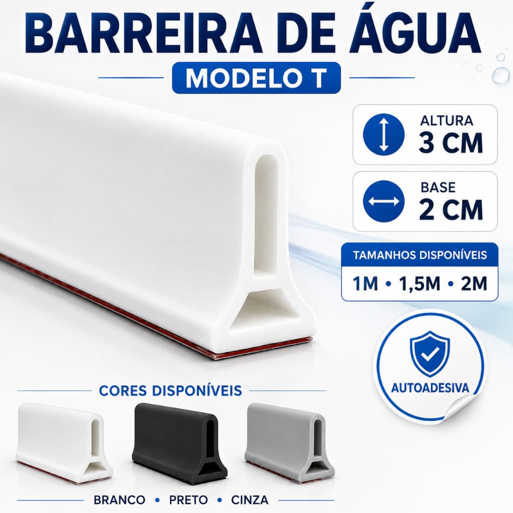 Barreira de Água Silicone Tipo T Autoadesiva para Box Banheiro Pia Cozinha 1m 1,5m 2m