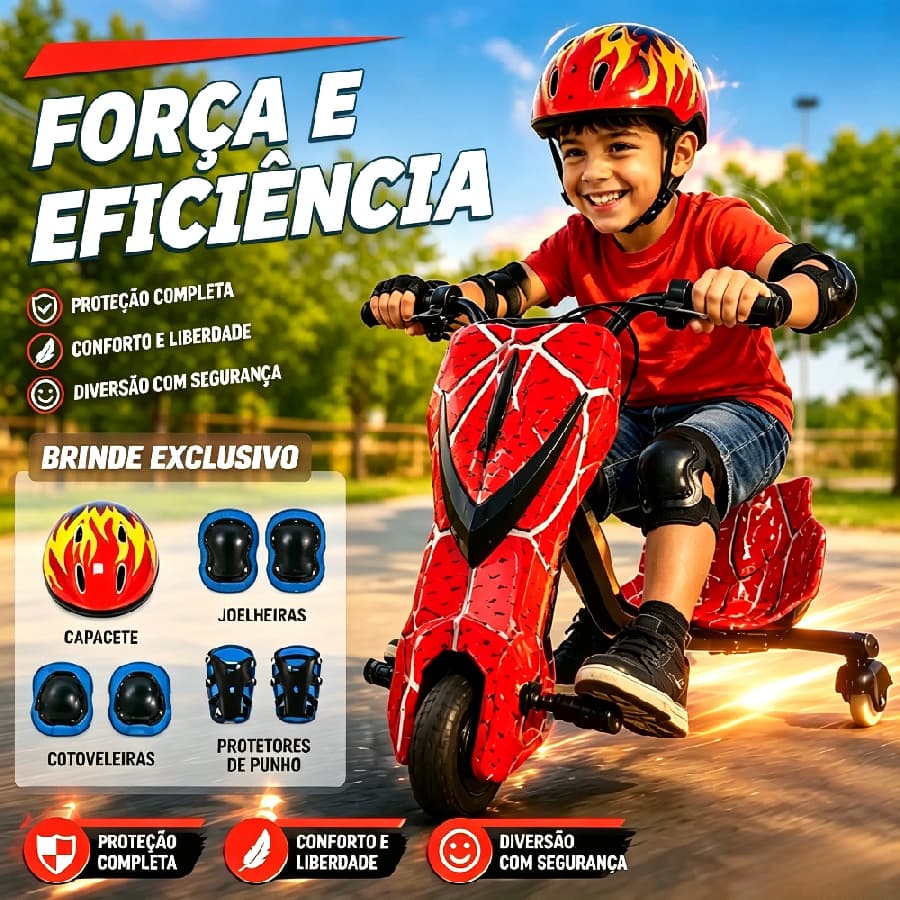 🔥Triciclo Elétrico Drift Infantil 350W, 3 Velocidades, Luz LED, Bluetooth + Kit Completo de Proteção para Crianças