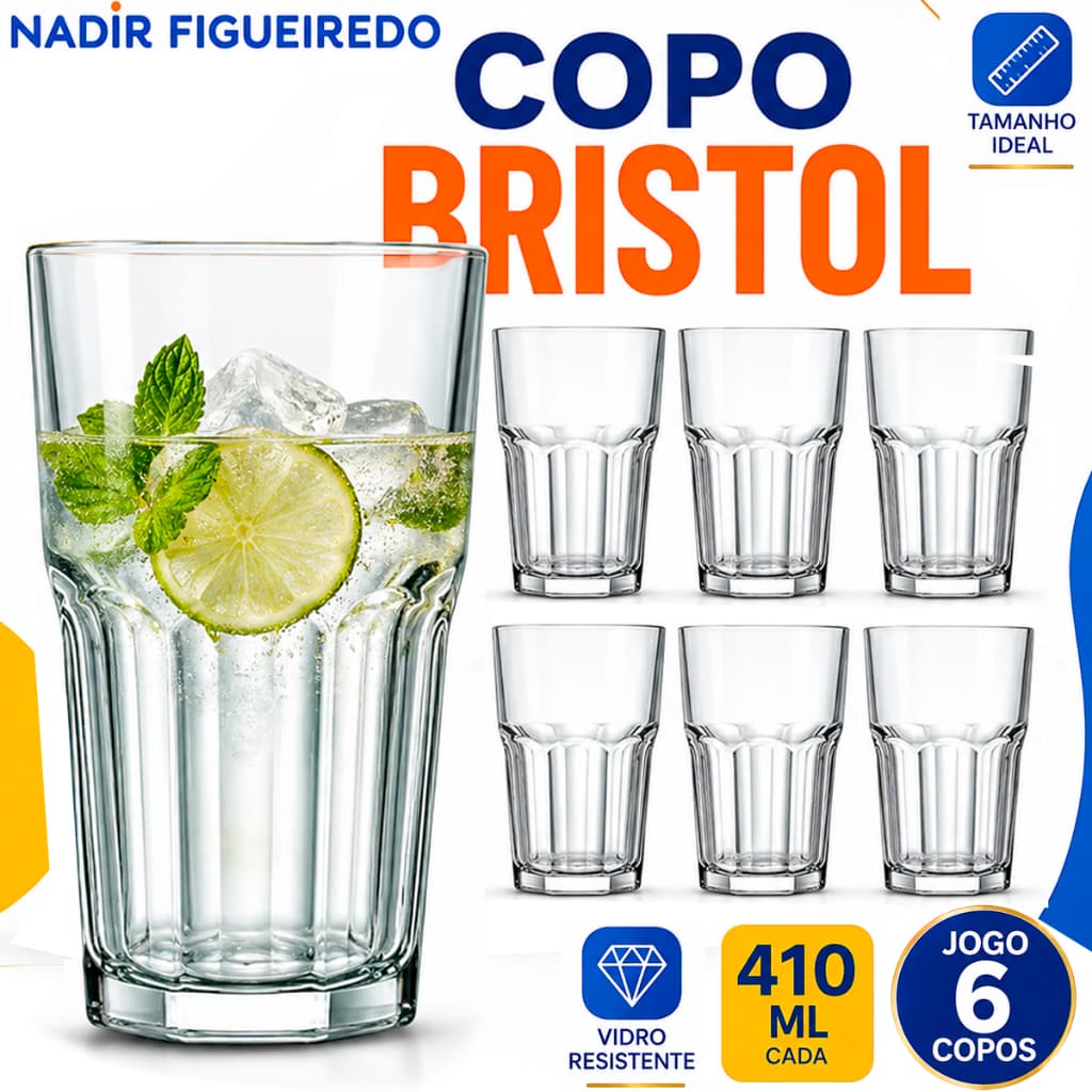 Kit jogo 6 Copo de Vidro Bristol resistente 410ml transparente Vitaminas sucos e Drinks copos de bar