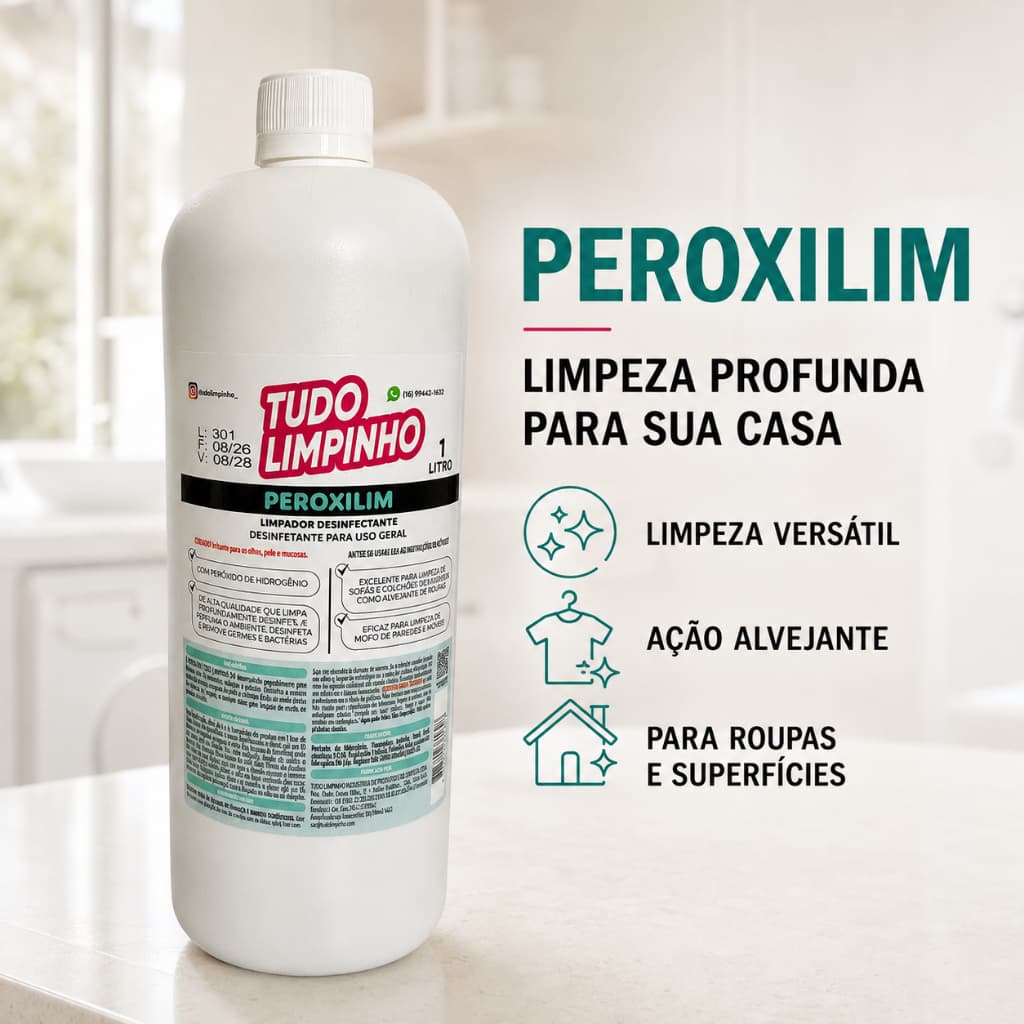 Peroxilim 1L Tudo Limpinho Limpador Multiuso Concentrado para Banheiro Roupas Sofás Pisos