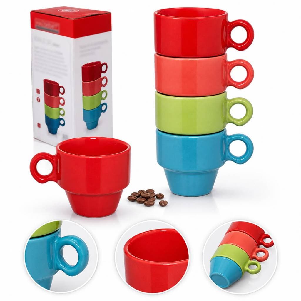Jogo 4 Xícaras Café Stacky Coloridas Hauskraft 90ml Empilhável Presente Kit 4 Xícaras Café Empilháveis Cerâmica Colorida
