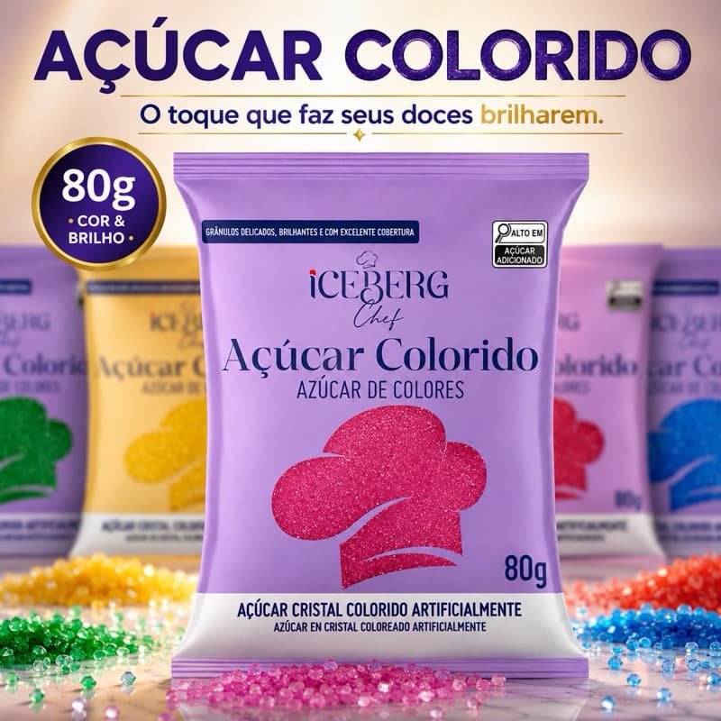 Açúcar Cristal Colorido Iceberg 80g para Doces Bolos Brigadeiros Confeitaria e Decoração de Festas