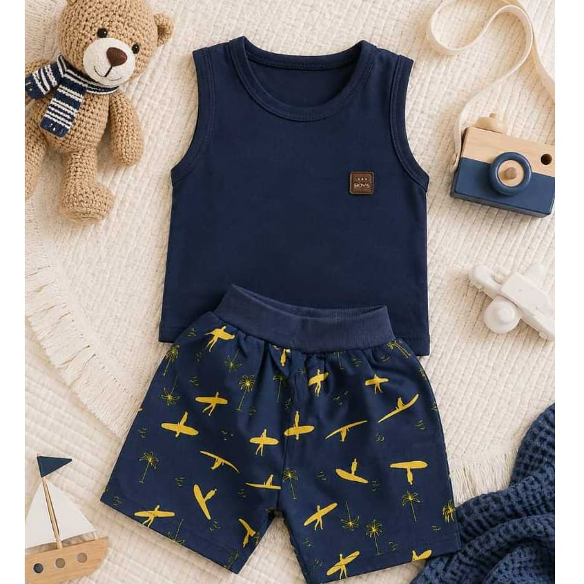 Conjunto Blogueirinho Bebê Menino Regata + Short Estampado Algodão Verão RN á 4 Meses
