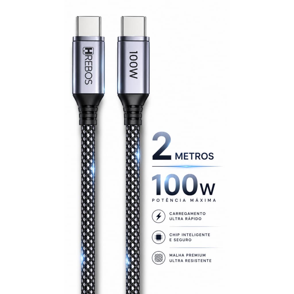 Cabo Tipo C Hrebos 100W 2 Metros Turbo Power Delivery Nylon Reforçado Ultra Rápido Para Notebook MacBook Celular
