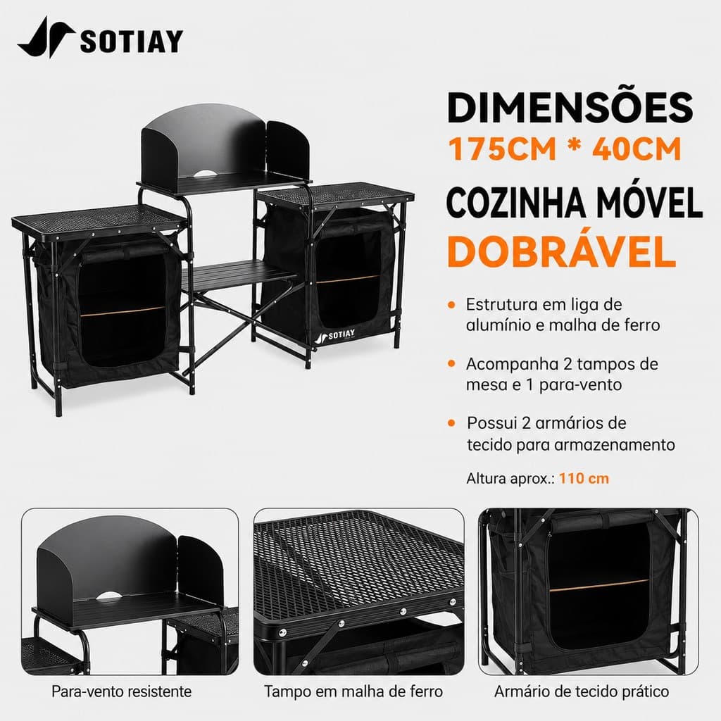 Sotiay Carrinho Organizador Cozinha Portátil Dobrável com Prateleiras Mesa Camping Churrasco Piquenique Móvel Externo