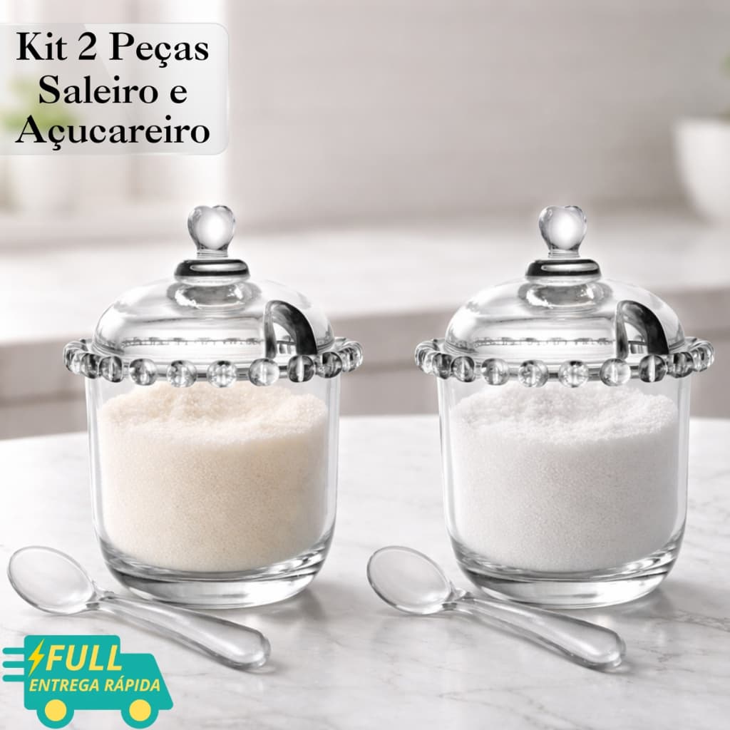 Kit 2 Peças Açucareiro + Saleiro de Vidro Cristal Coração Com Colher Pote Sal Açúcar Lyor