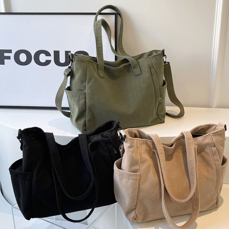 Bolsa Feminina Cotelê Grande Capacidade Tote Bag Casual Ombro Transversal Estilo Japonês Vintage Trabalho Faculdade