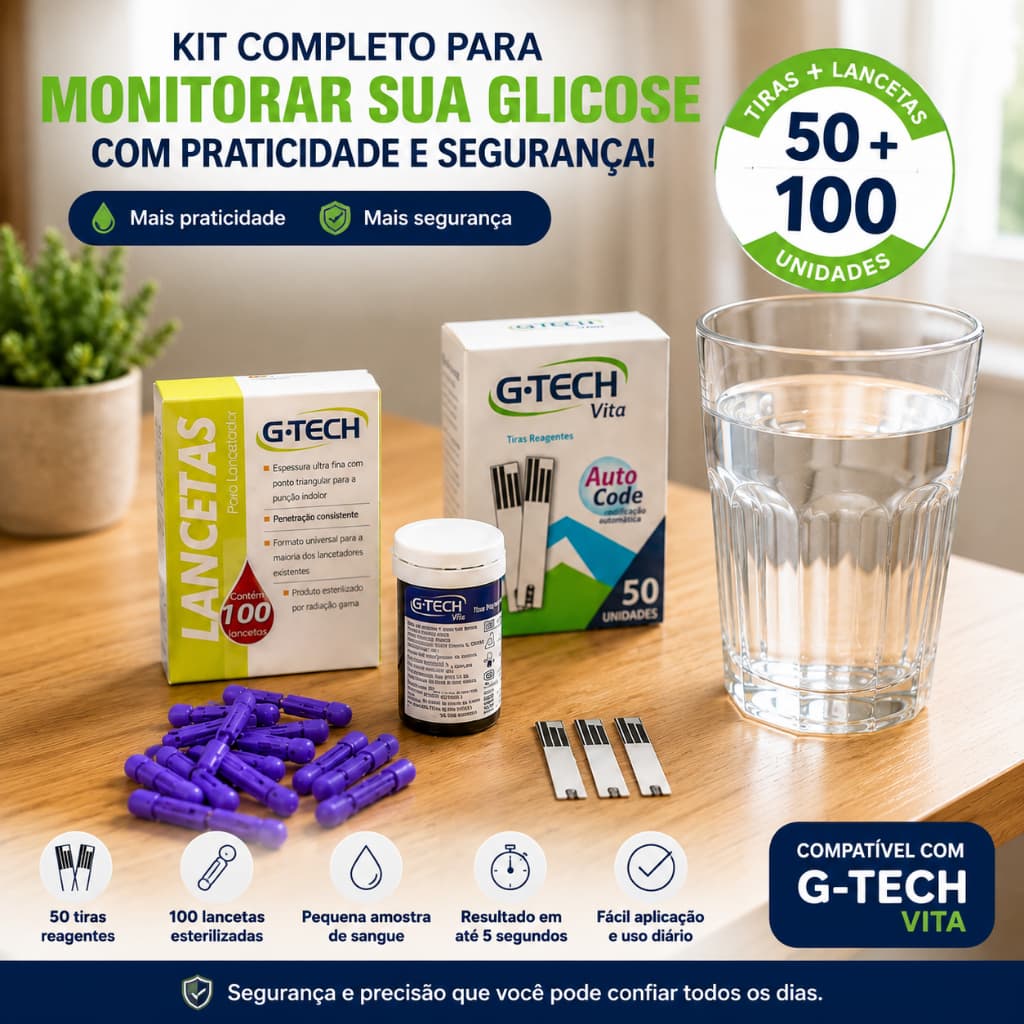Tiras de Teste Reagente G-Tech Vita Caixa com 50 unidades +100 lancetas