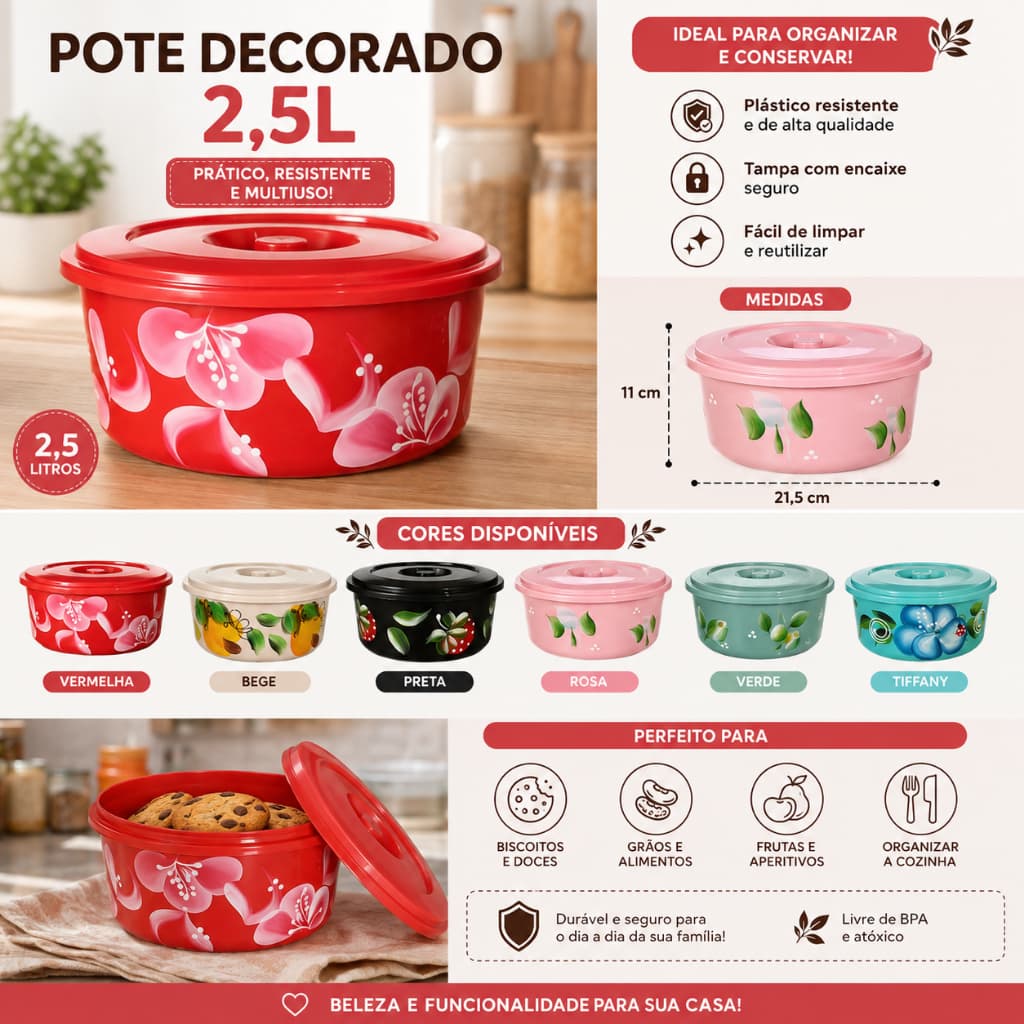 Pote Decorado 2,5L com Tampa Multiuso para Mantimentos – 6 Cores Disponíveis