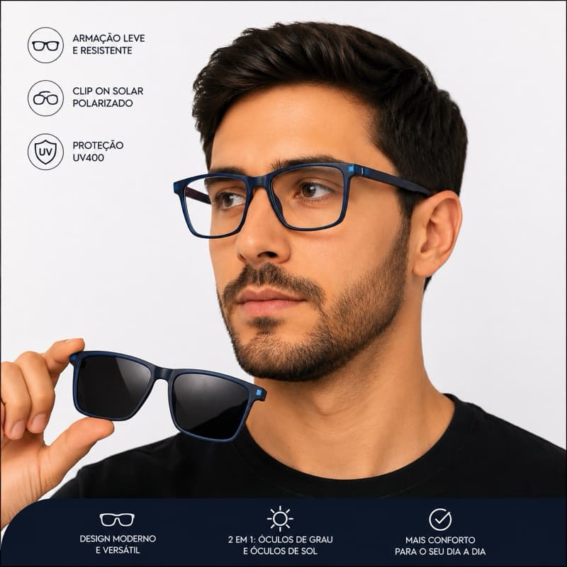 Armação de Óculos de Grau Masculino Com Clip-on Solar Removível 2 EM 1 Polarizado + UV400