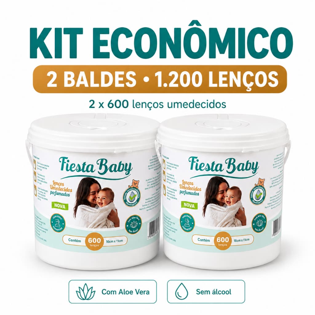 Kit 2 Baldes Lenços Umedecidos Fiesta Baby 600 Un Cada 1200 Lenços Com Aloe Vera Sem Álcool
