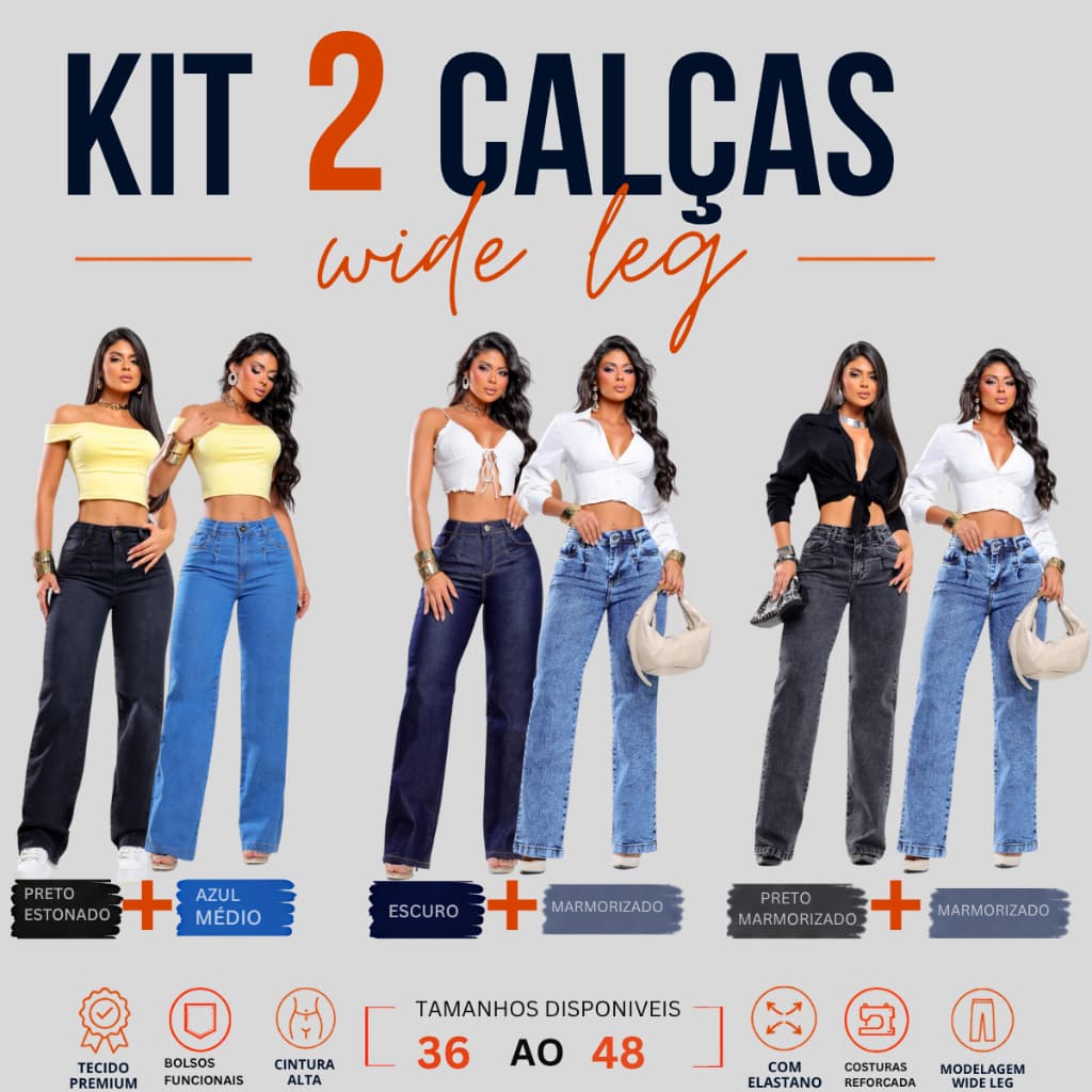 Kit 2 Calças Jeans Wide Leg Pantalona Feminina Cintura Alta Com Elastano Premium ELEGANTE E VERSATIL