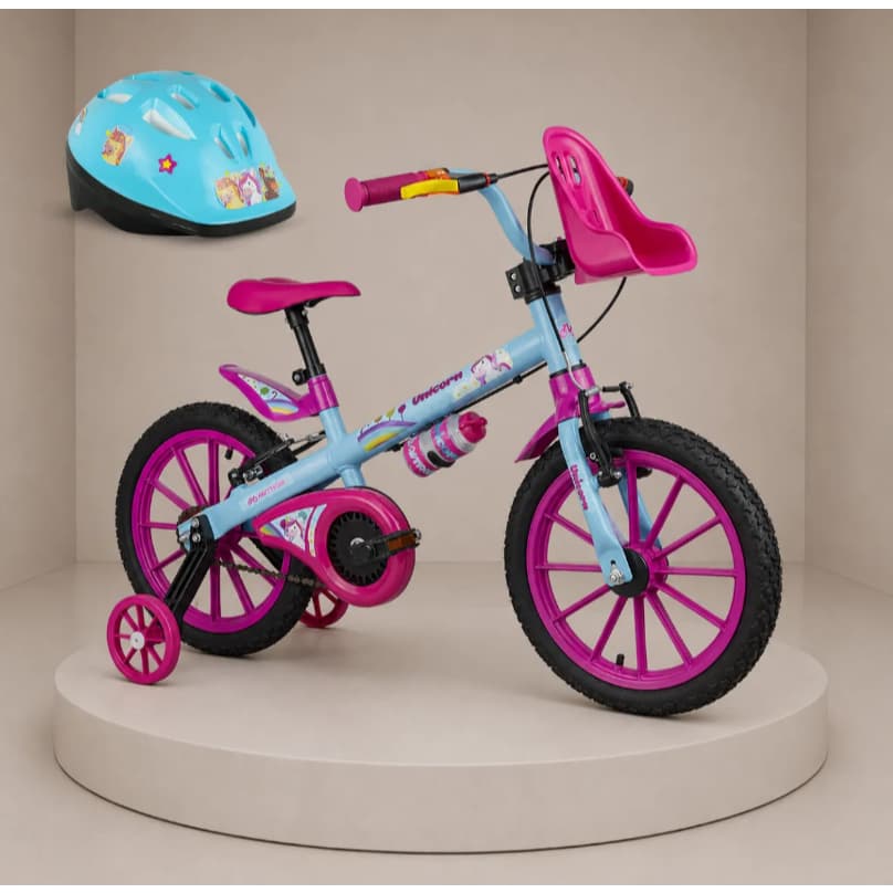 Bicicleta Infantil Aro 16 com Capacete Unicórnio Nathor - Crianças de 5 a 8 anos