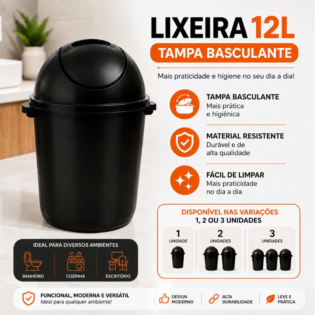 Lixeira com Tampa Basculante 12L Preta Resistente para Banheiro Cozinha