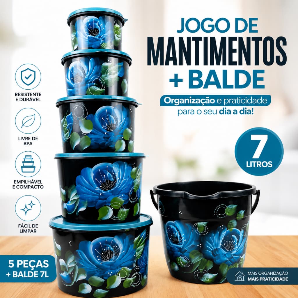 Jogo de Mantimentos com Balde 7 Litros Floral Azul Kit Organizador para Cozinha