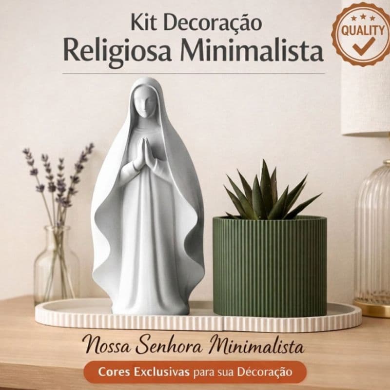 Kit Decorativo Religioso Nossa Senhora 3 Peças: Estátua Minimalista + Vaso e Bandeja Enfeite Altar Sala