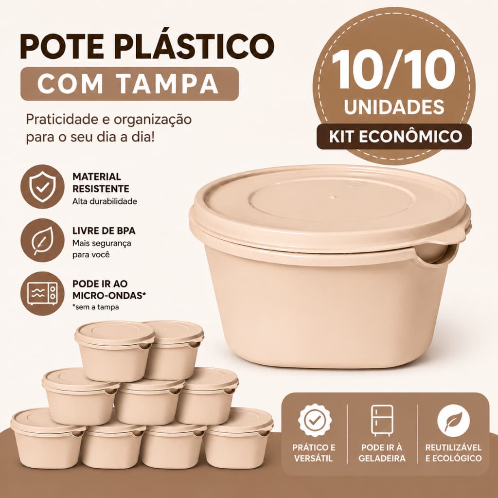 Kit 10 Potes Organizadores 700ml BPA Free com Tampa para Alimentos Geladeira e Despensa
