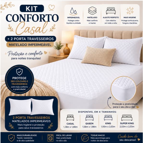 Kit Protetor Colchão Casal  Impermeável + Protetor de Travesseiro 70x50 Matelado