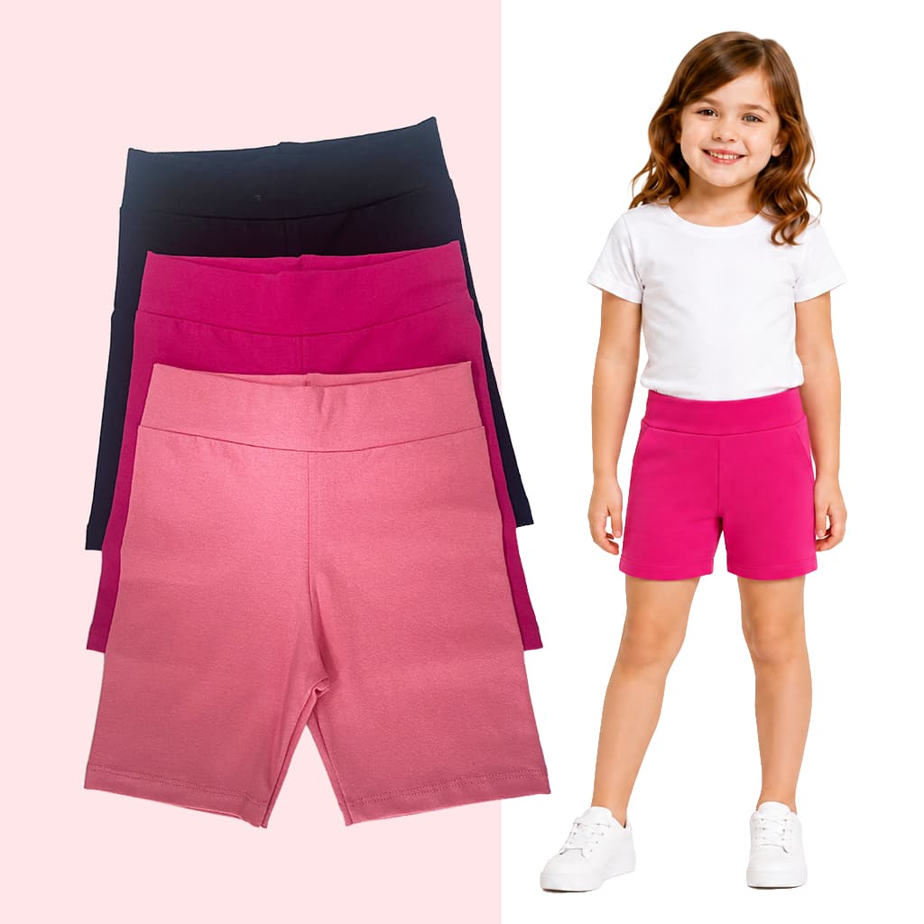 Kit 3 Shorts Infantil Menina Cotton Legging Feminino 4 a 14 Anos Pink Rosa Preto Básico Confortável Elástico Cintura